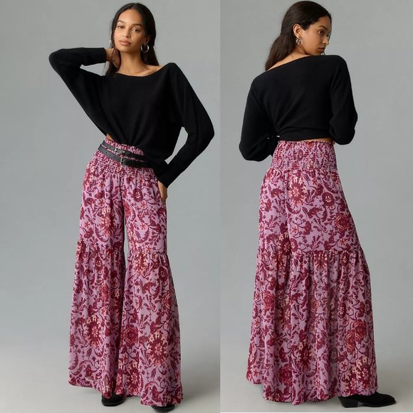 By Anthropologie Chiffon Tiered Wide-Leg Pants size M new purple floral - Picture 1 of 6